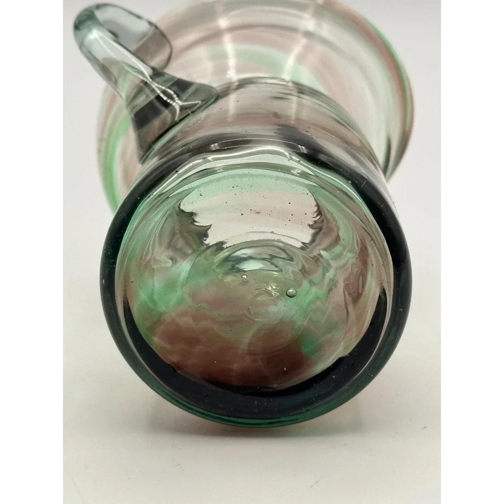 Vintage Hand-Blown Swirled Green Pink Art Glass Creamer Pitcher